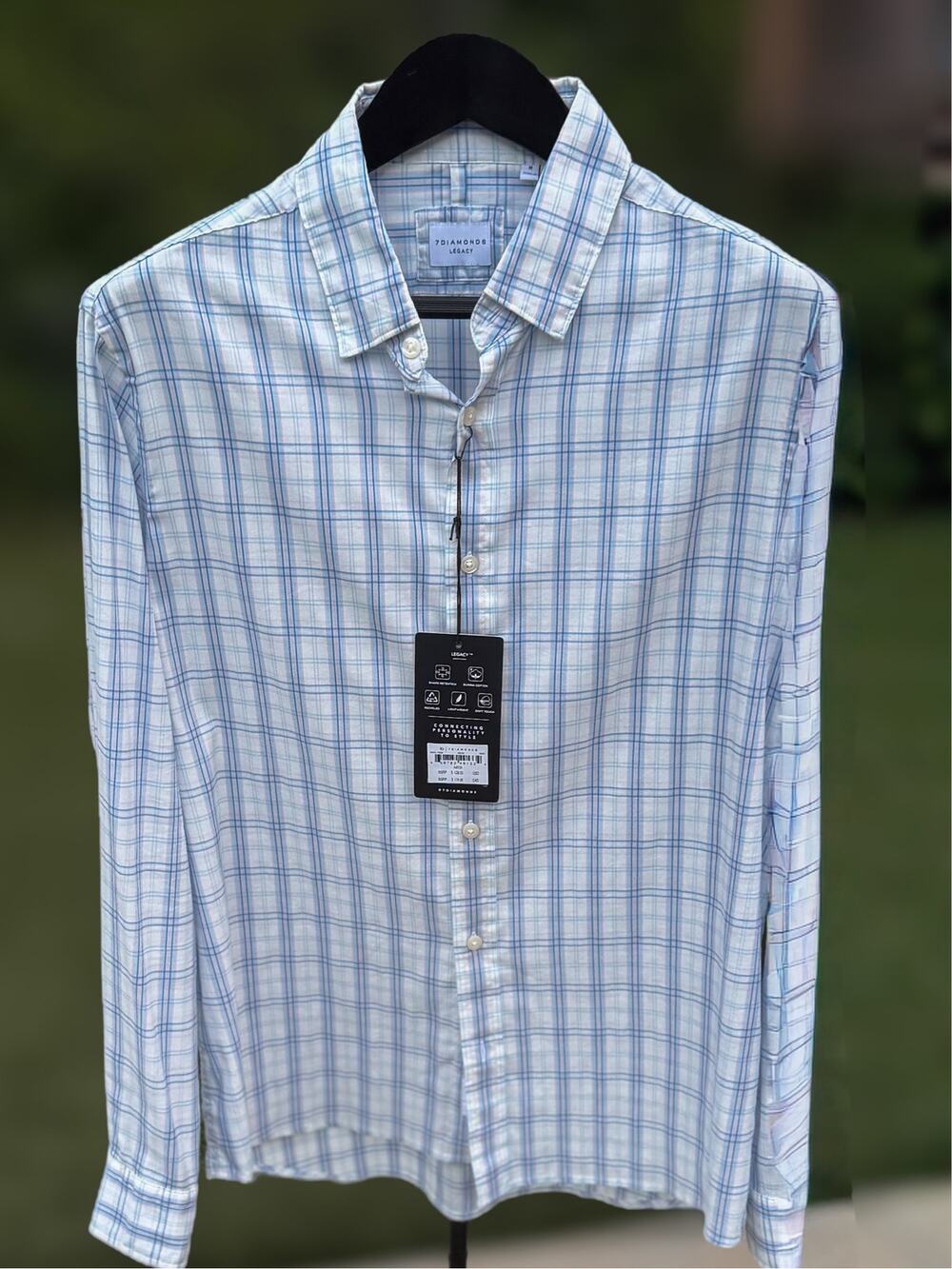 7 Diamonds Legacy Assisi Shirt Mens Medium Blue Plaid Supima Cotton NWT $128